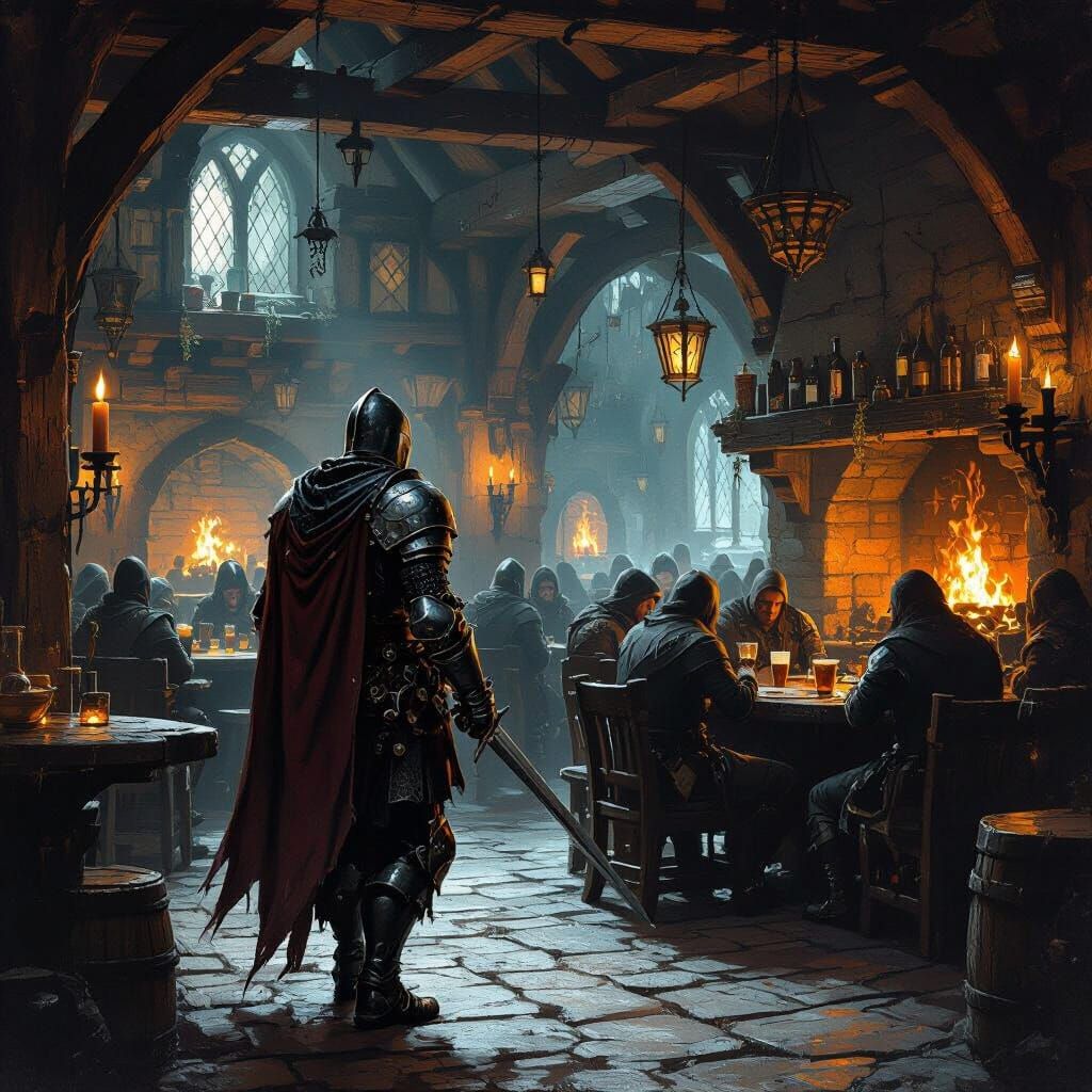 Knight Enters Dimly Lit Medieval Tavern