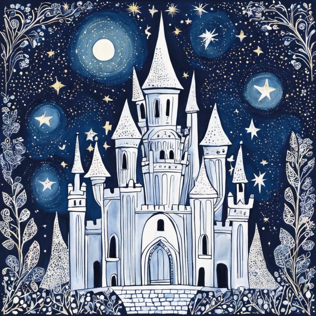 Fairy Castle Under Starry Sky in Art Brut Style