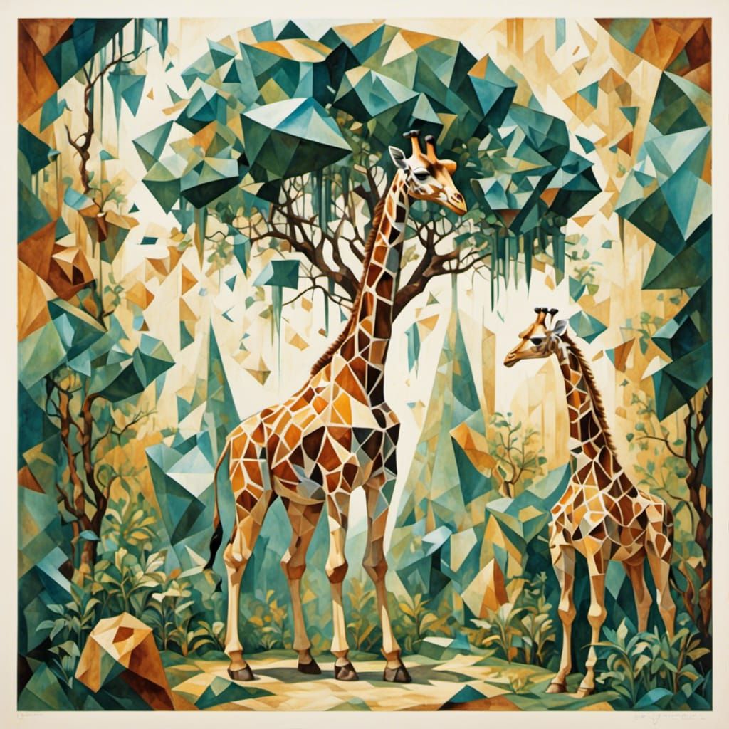 Giraffe and Acacia Tree in Crystal Cubism Style