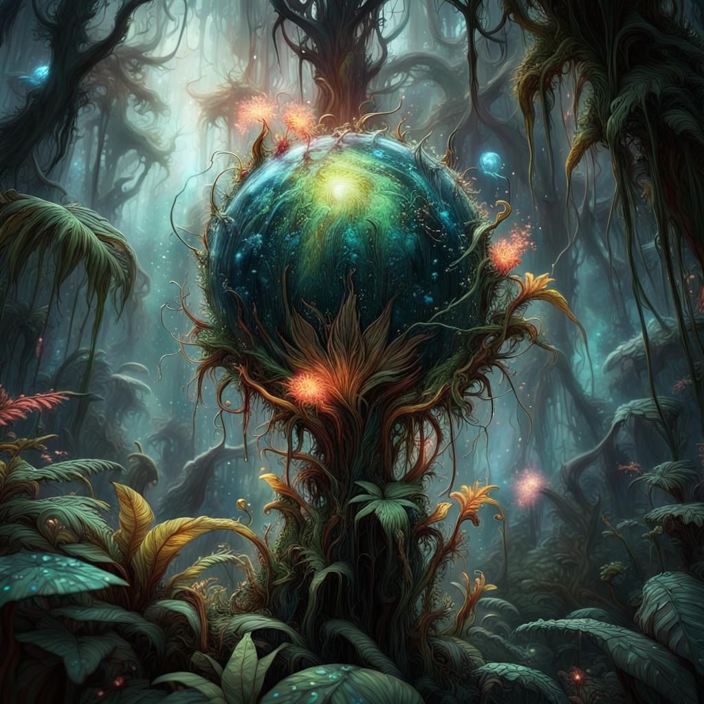 Exoplanet Rainforest with Bioluminescent Flames: Fantasy Art