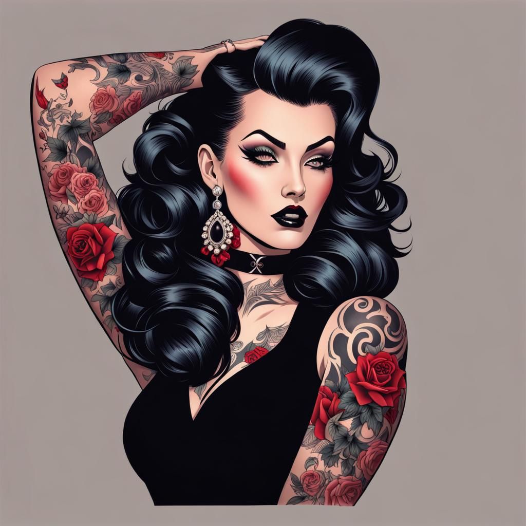 Gothic Pin-Up Girl with Tattoos in Red Smoke