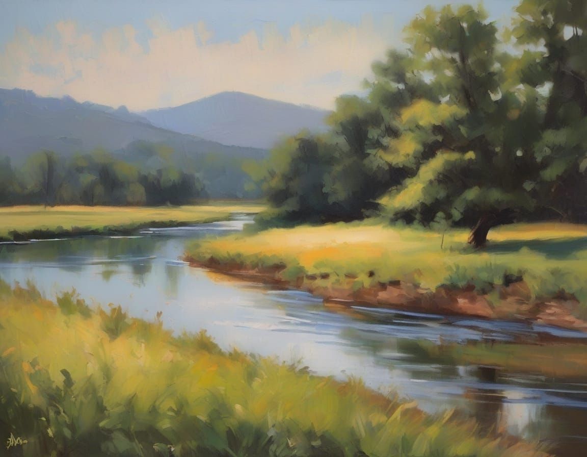 Surreal Landscape Painting of a Serene Riverside Meadow
