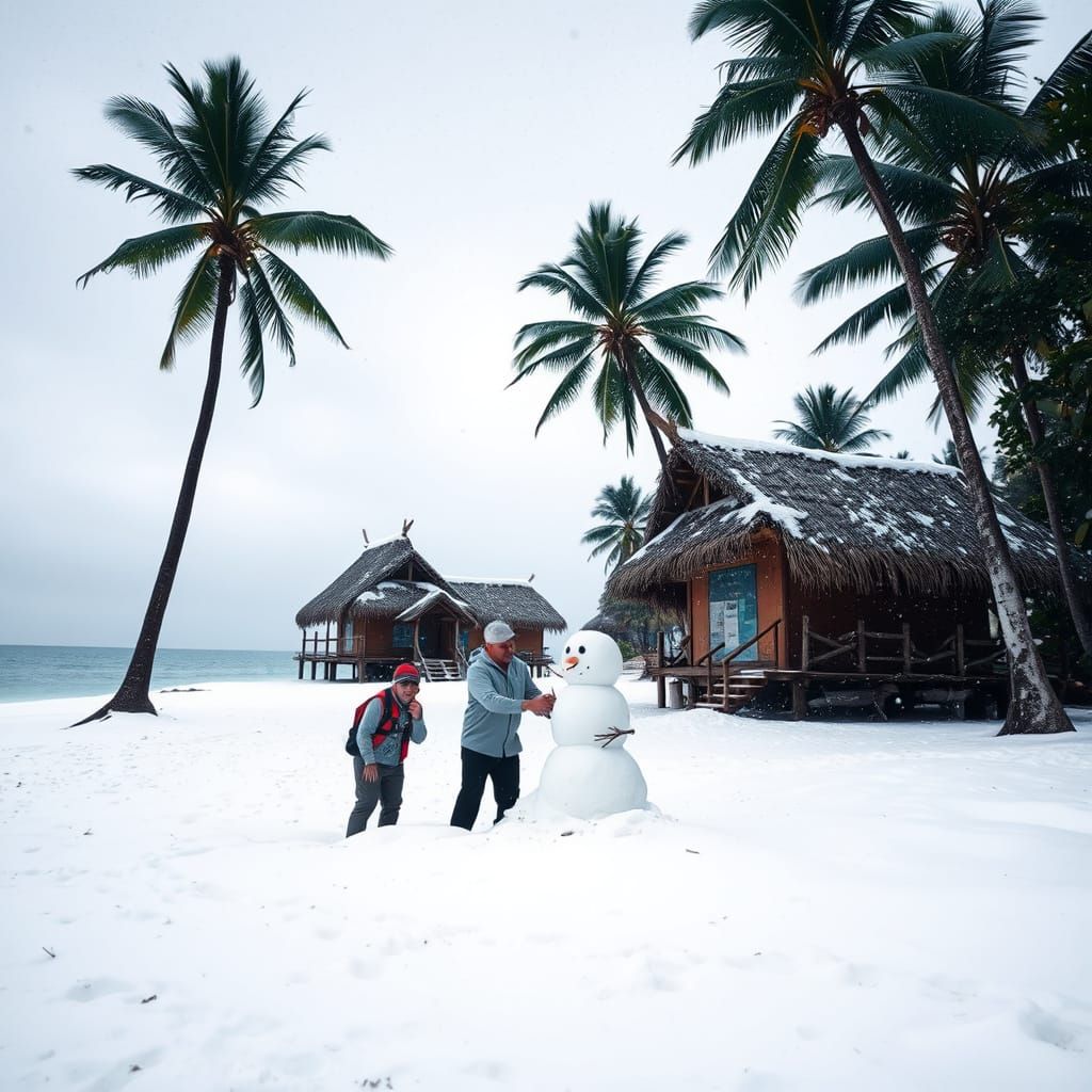 Tropical Island Winter: Snowman on a Snowy Beach
