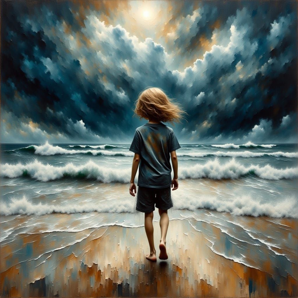 Dramatic Oil Painting of Boy on Stormy Shore