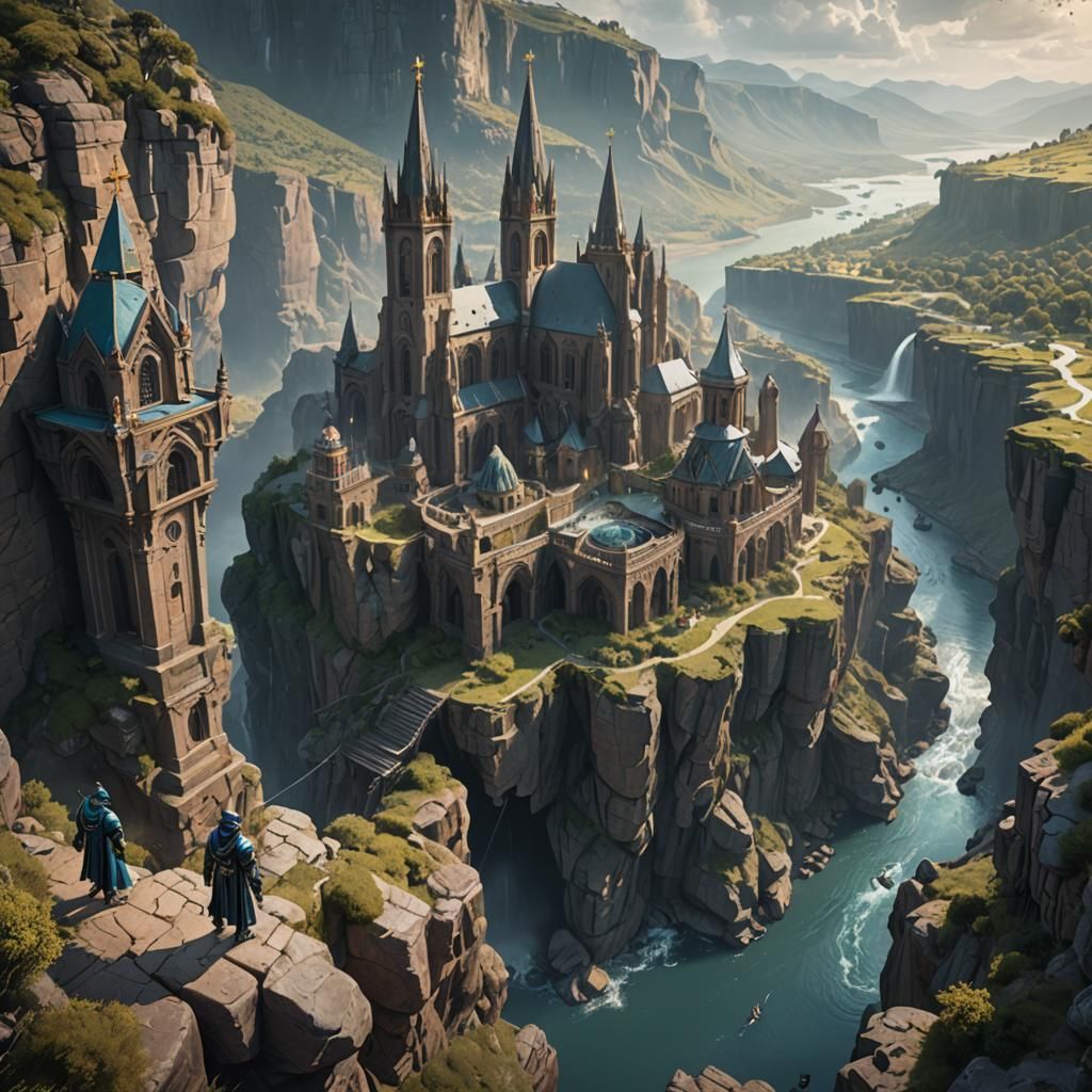 Robot Priest in Cliffside Church: Detailed Matte Painting