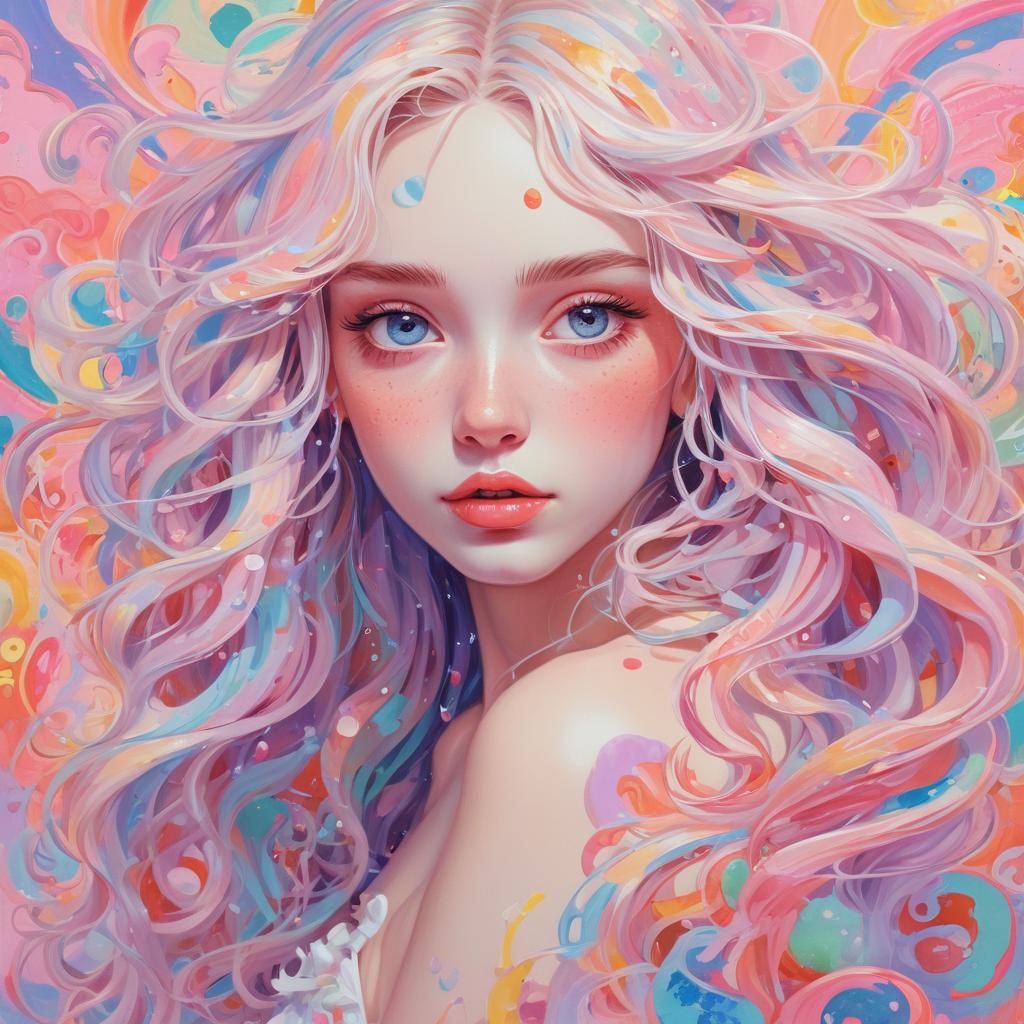 Woman with Multicolored Eyes in Gouache Painting