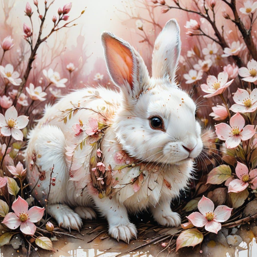 Baby Rabbit in Dogwood Blossoms Watercolor Painting