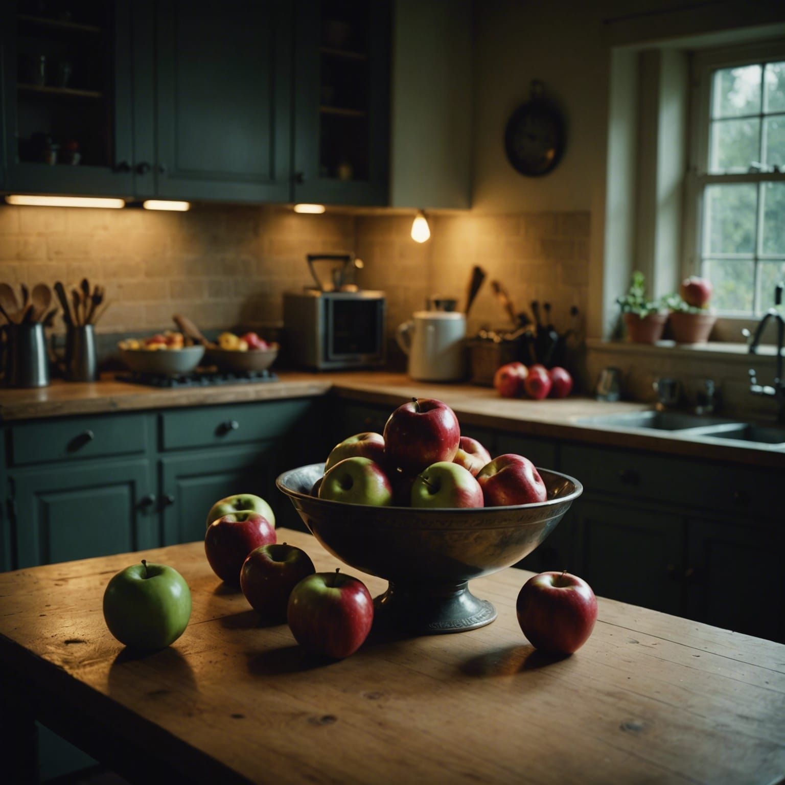 Cinematic Bowl of Apples in Dim Kitchen