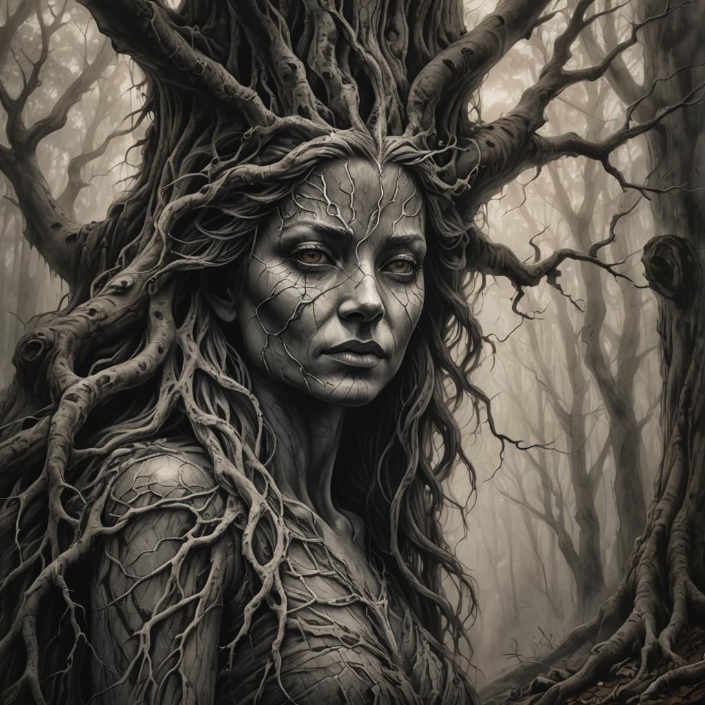 Mystical Tree Spirit in Charcoal Drawing