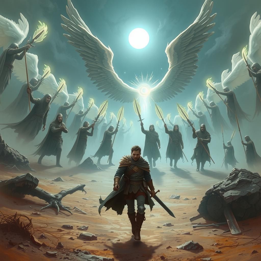 Warrior Flees Angelic Host in Dark Fantasy Landscape