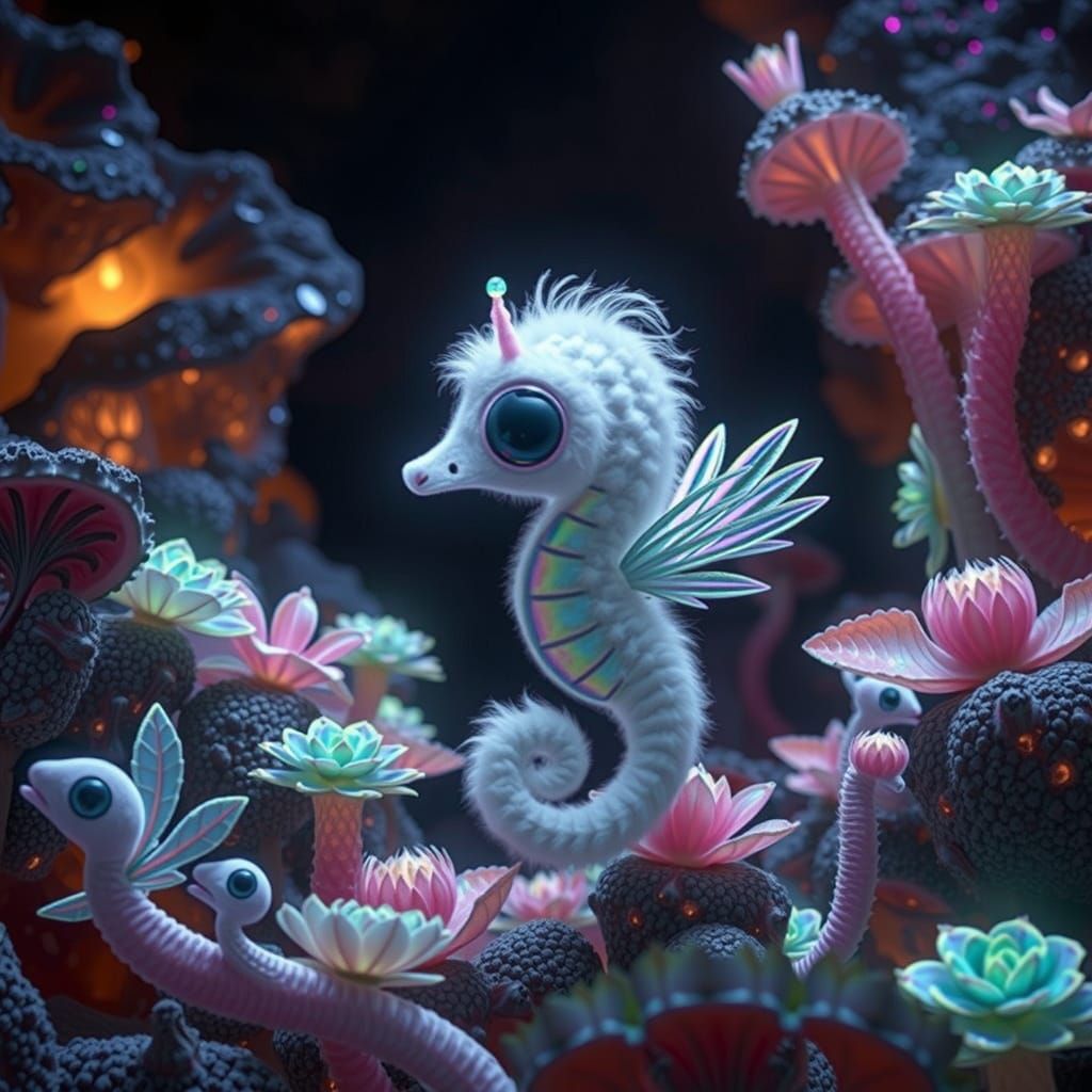 Iridescent Seahorse with Wings in Crystal Cave