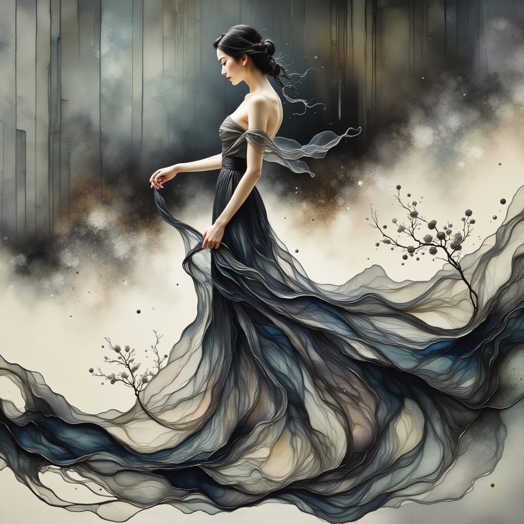 Ink Wash Woman in Flowing Dress