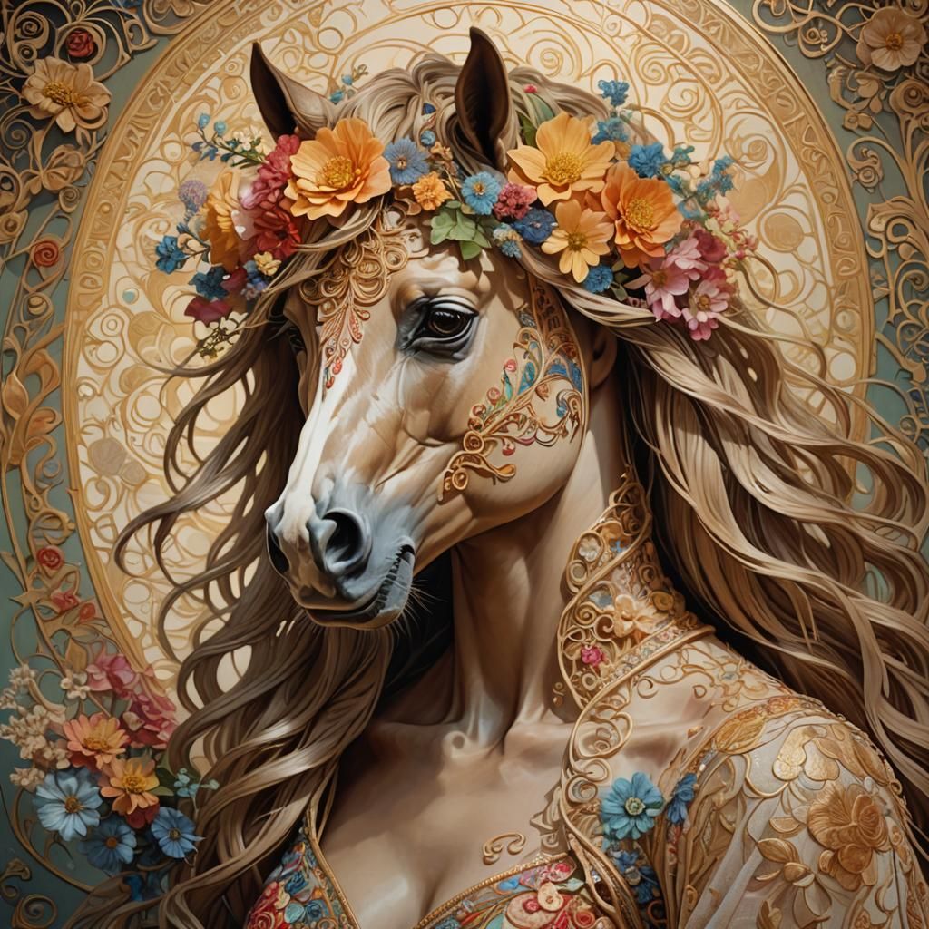 Surrealist Horse Woman Portrait in Art Nouveau Style