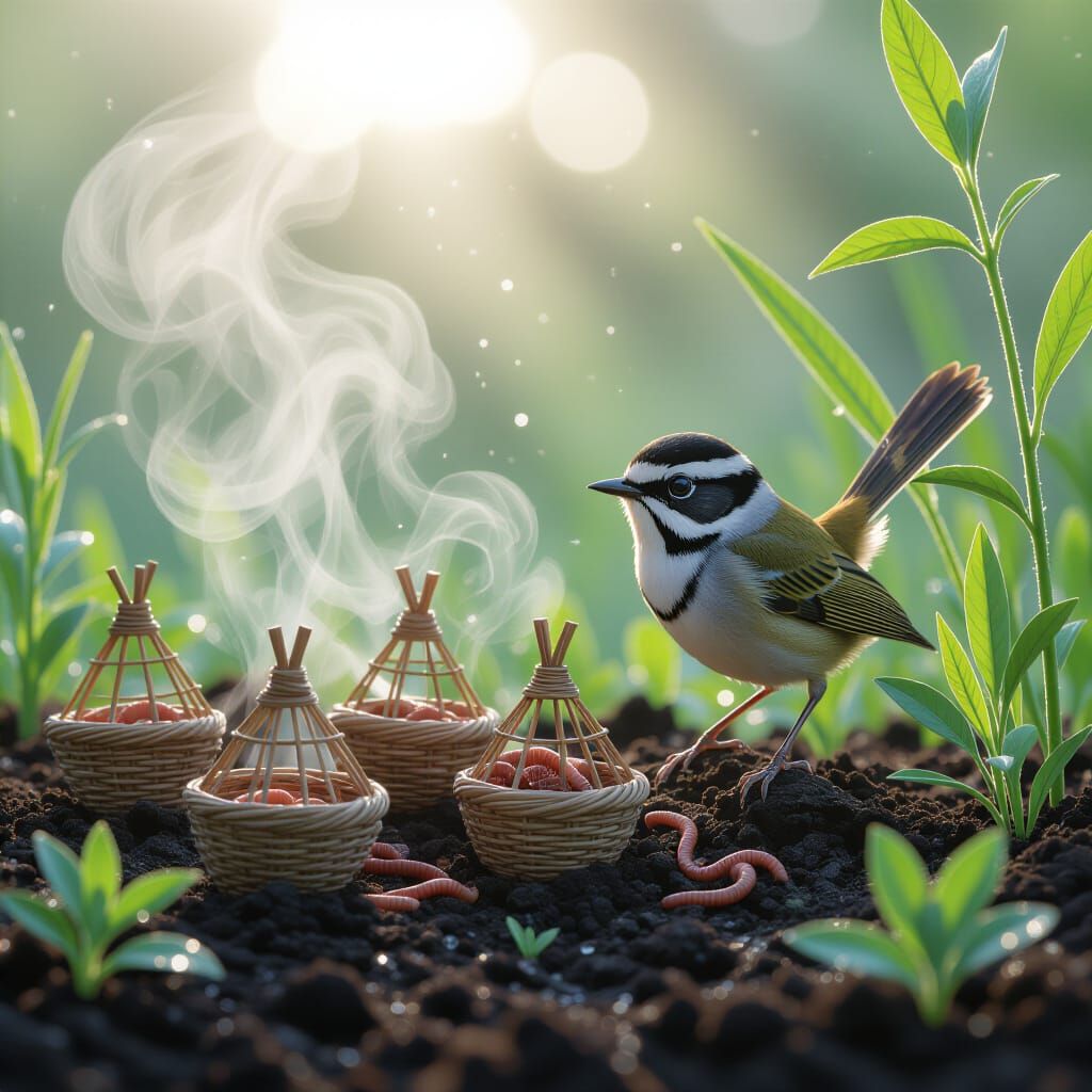 Whimsical Dawn Garden with High-Tech Worm Traps