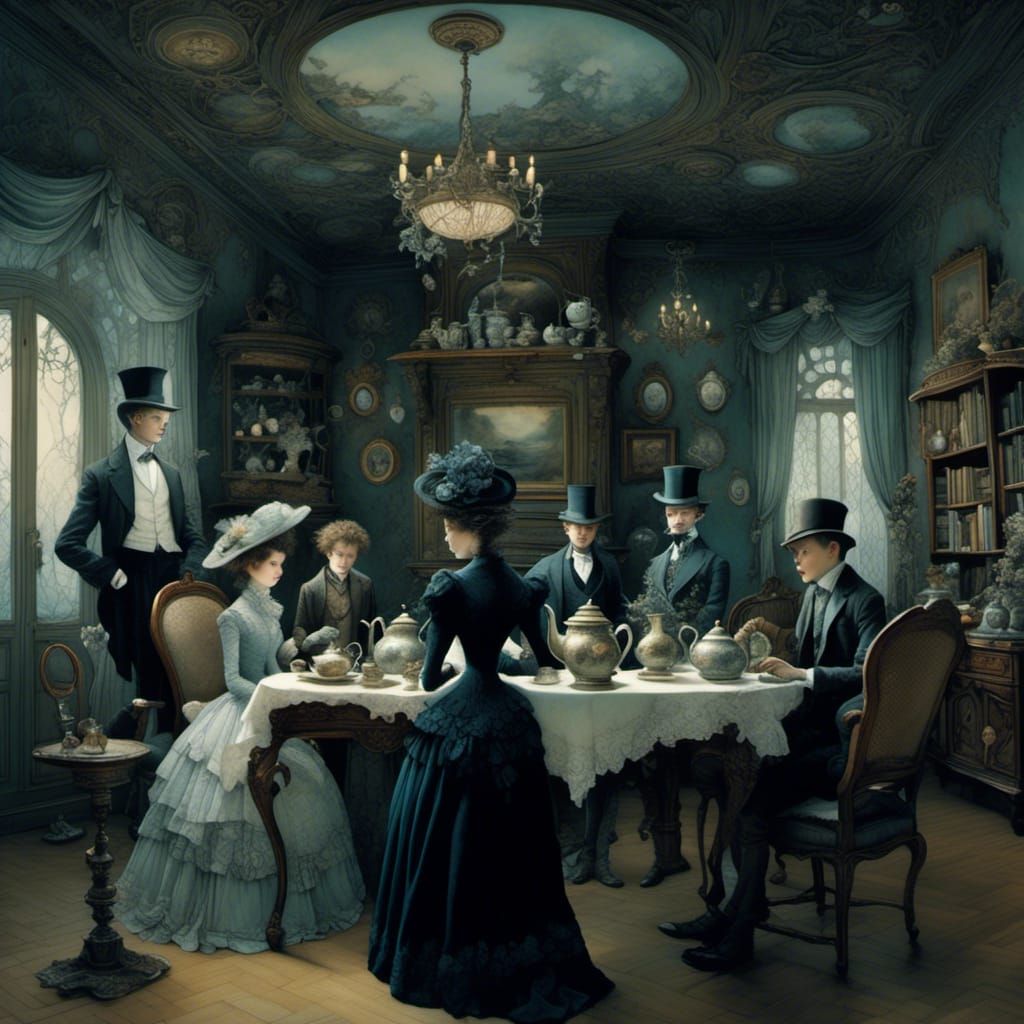 Tea Party with Swirling Fractals in Dreamlike Surrealism