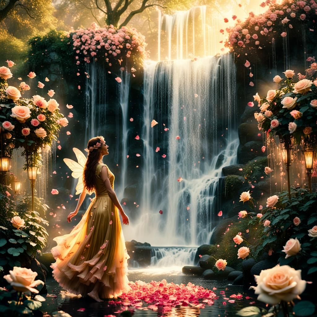 Fairies Dancing in Rose Blossom Waterfall Garden