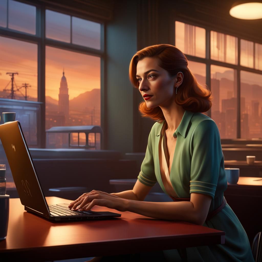 Woman Using Laptop with Edward Hopper Backdrop
