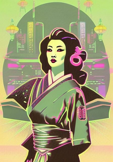 Synthwave Onna Bugeisha in Neon Retro Style