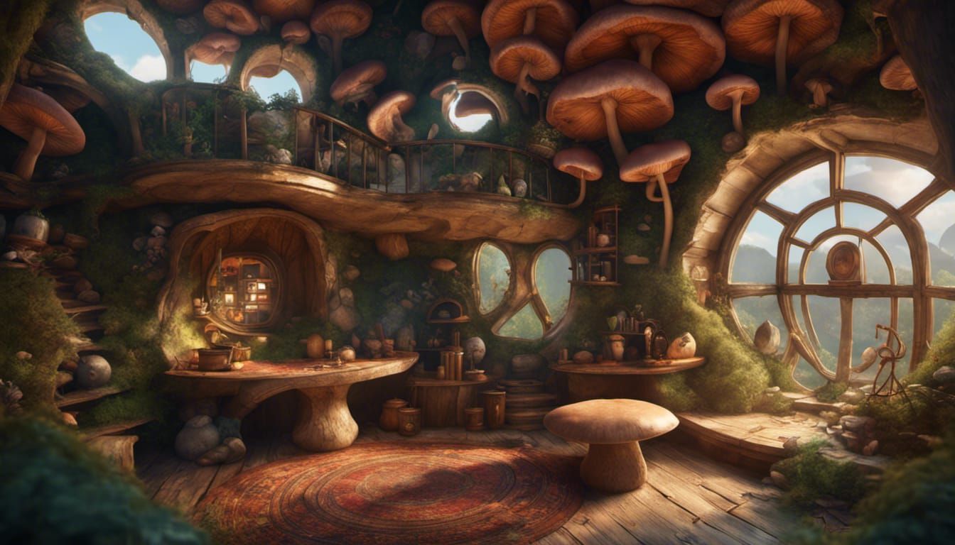 Mushroom House Interior: Detailed Matte Painting