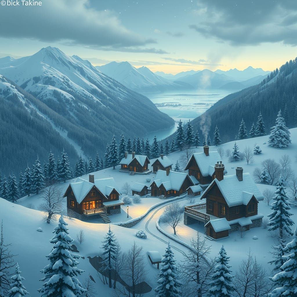 Snowy Mountain Village in Whimsical Dreamscape Style
