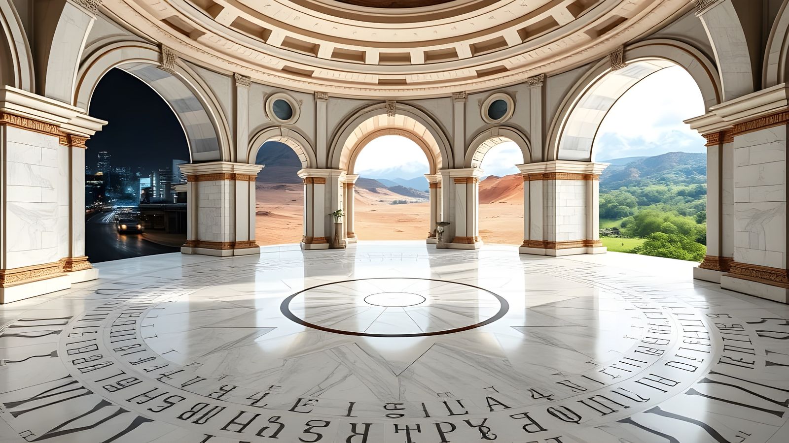 Palatial Room with Archways to Different Worlds