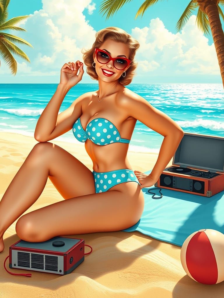 Vintage Pin-Up Girl on Beach in 1950s Style