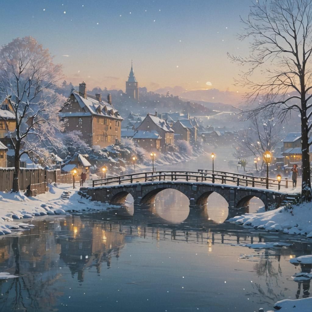 Snowy European Town with Bridge in Ghibli Style