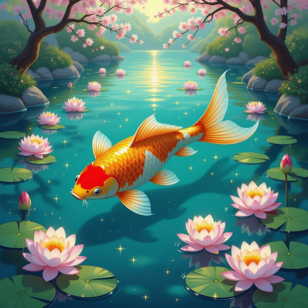 Celestial Koi Fish in Pond with Lotuses