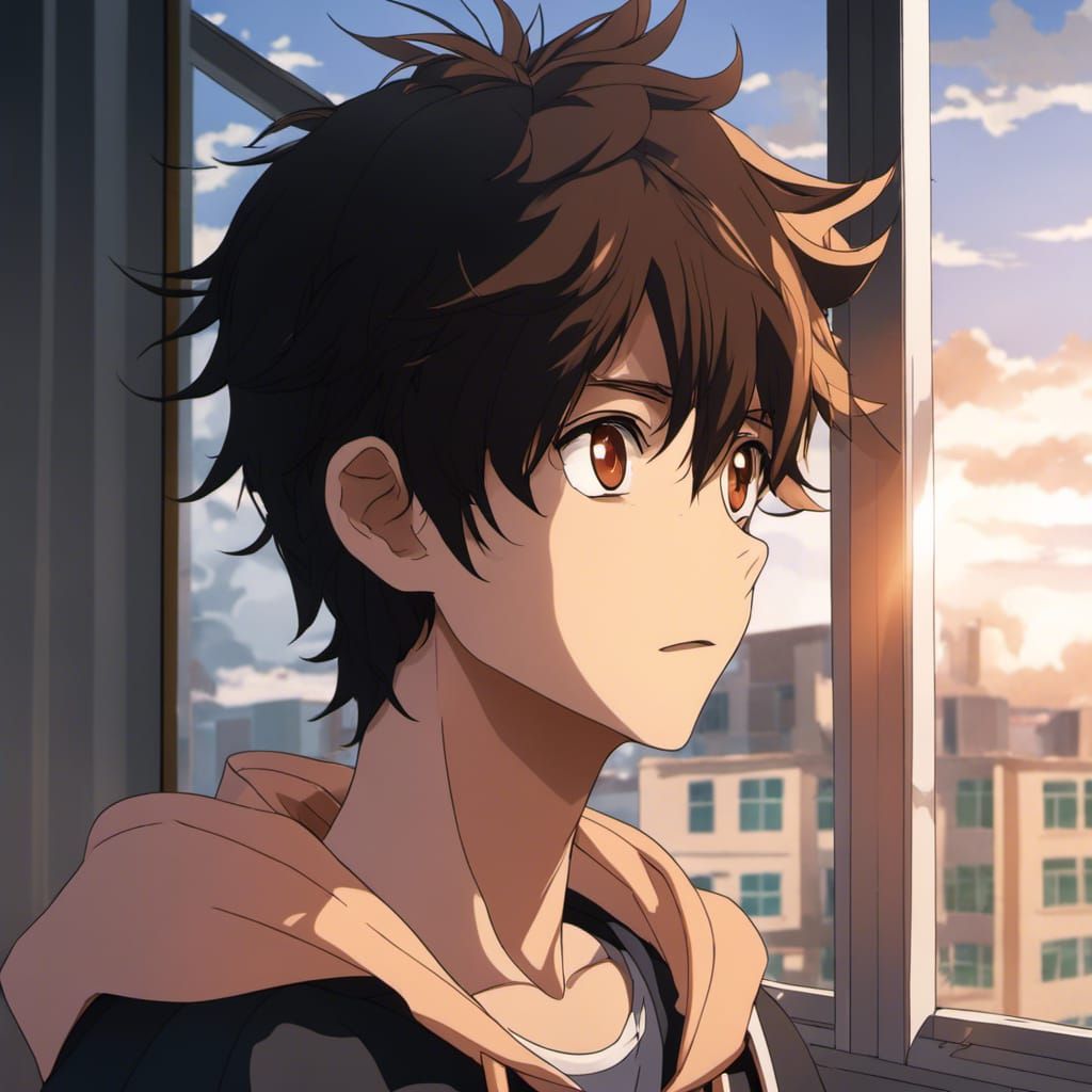 Anime Boy Gazing Out Classroom Window