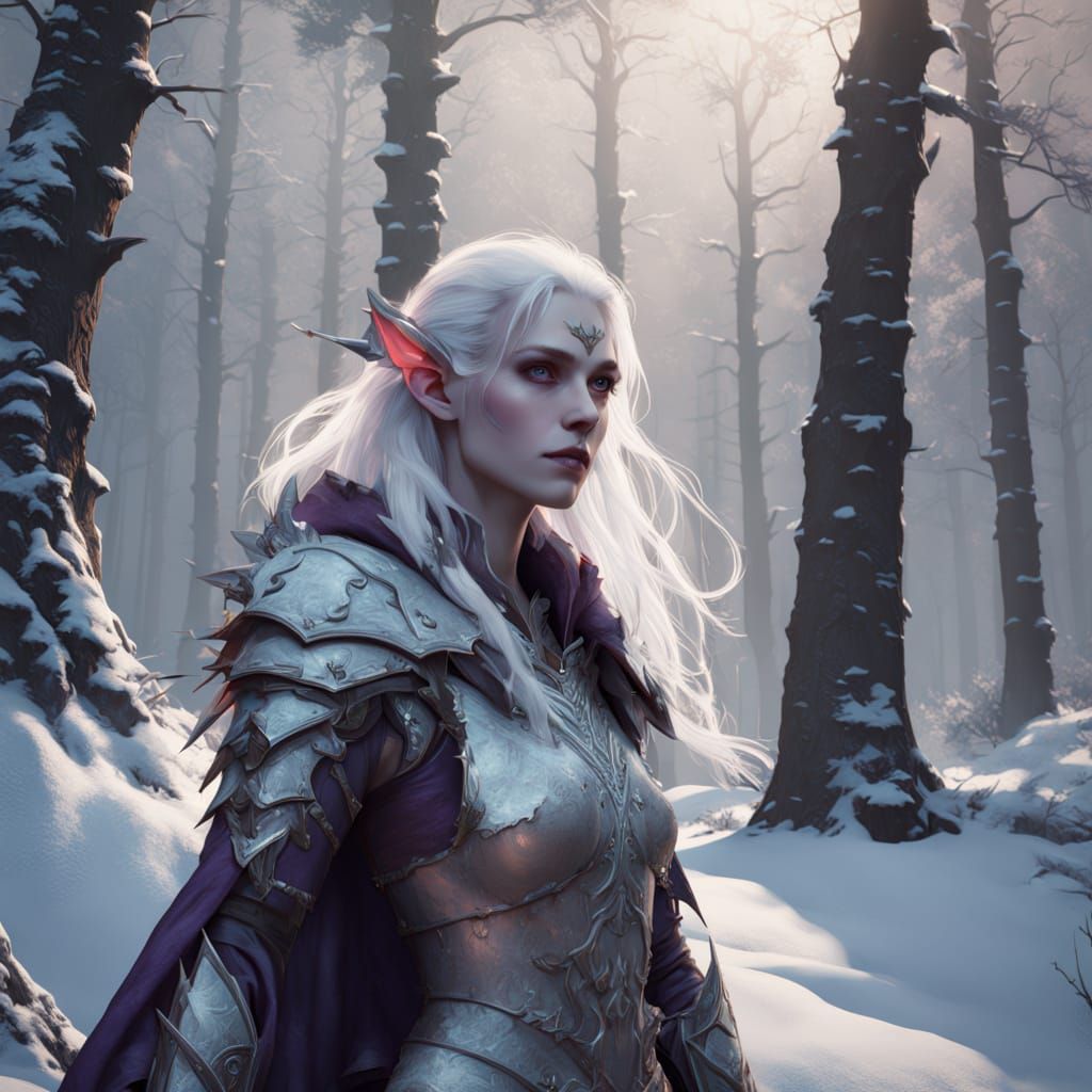 Albino Elf Huntress in Snowy Forest: Dark Fantasy