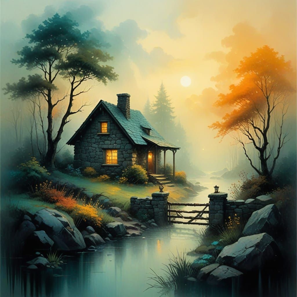 Whimsical Stone Cabin in Misty Twilight