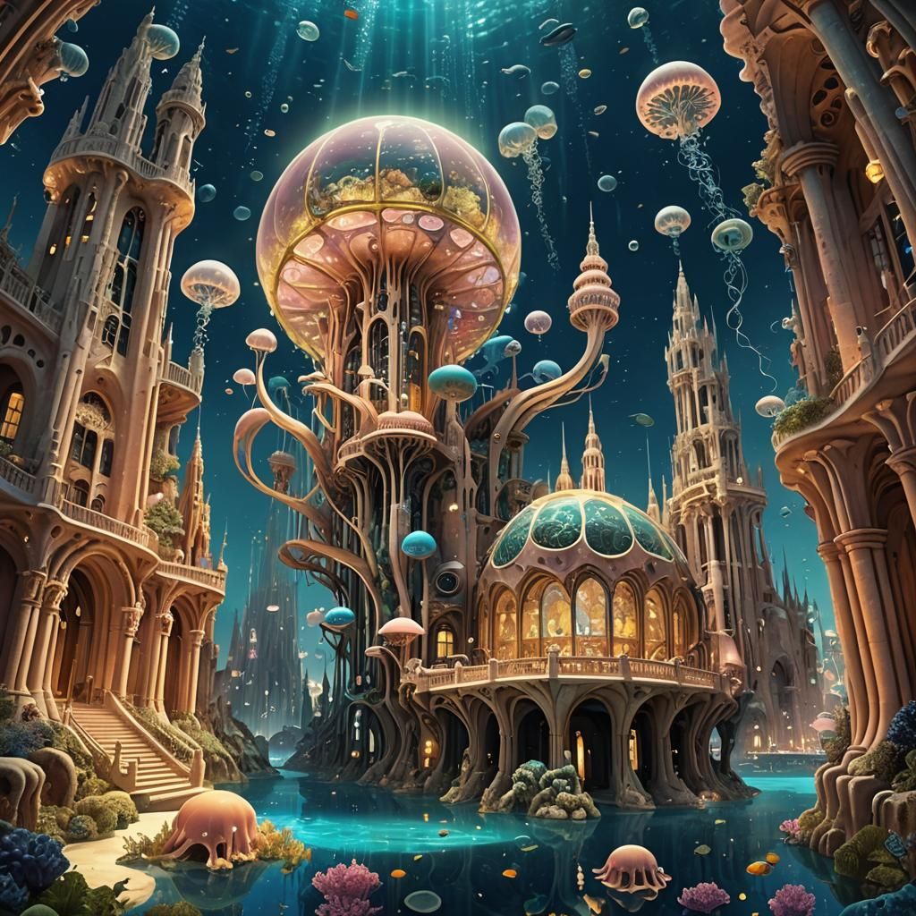Gaudi-Inspired Underwater City with Bathysphere