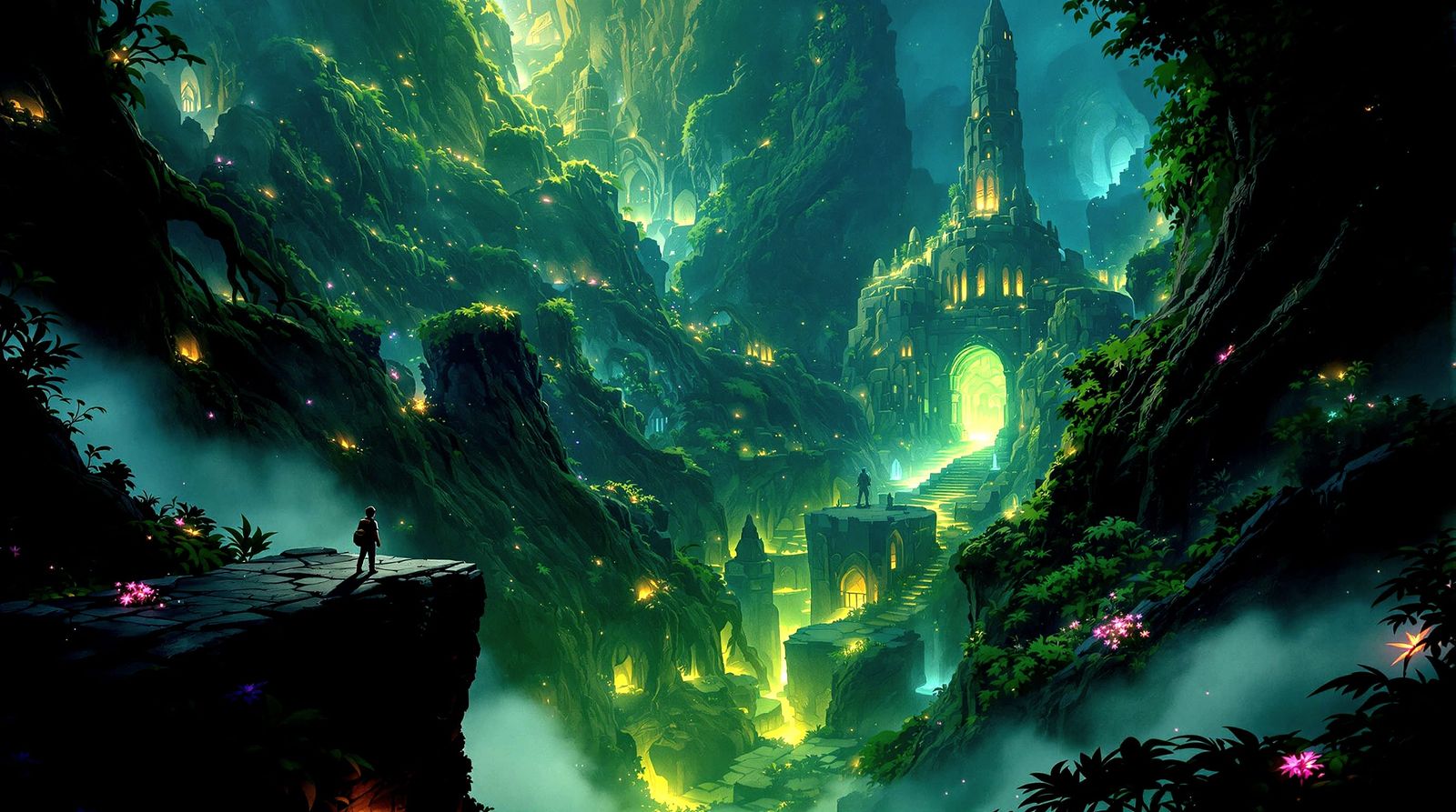 Explorer Gazes Into Bioluminescent Jungle Chasm City