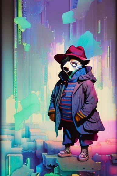 Paddington Bear Vaporwave Portrait in Shattered Glass Style
