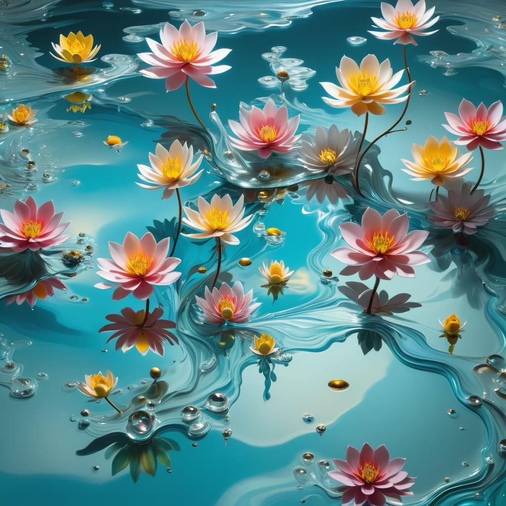 Crystal Flowers on Silver Lake: Surreal 3D Render