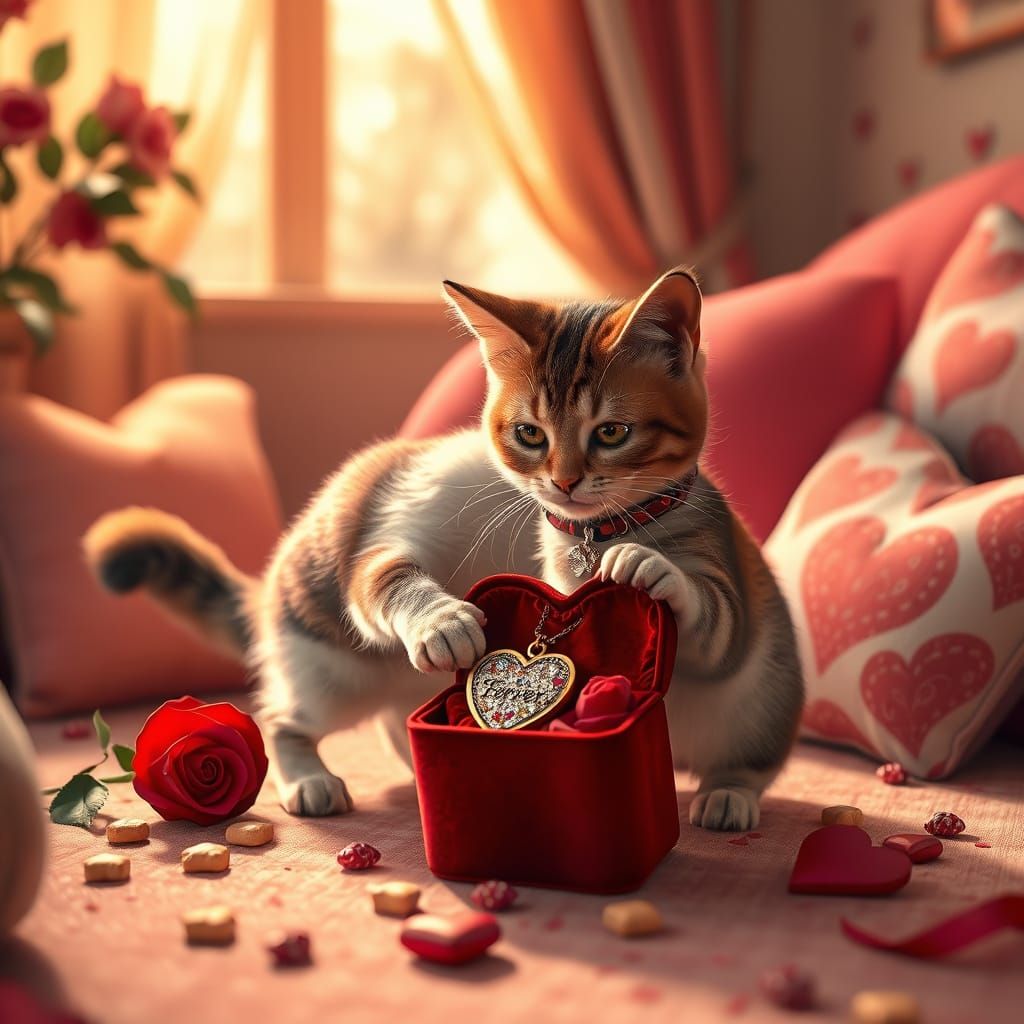 Feline Proposal in Whimsical Living Room Setting