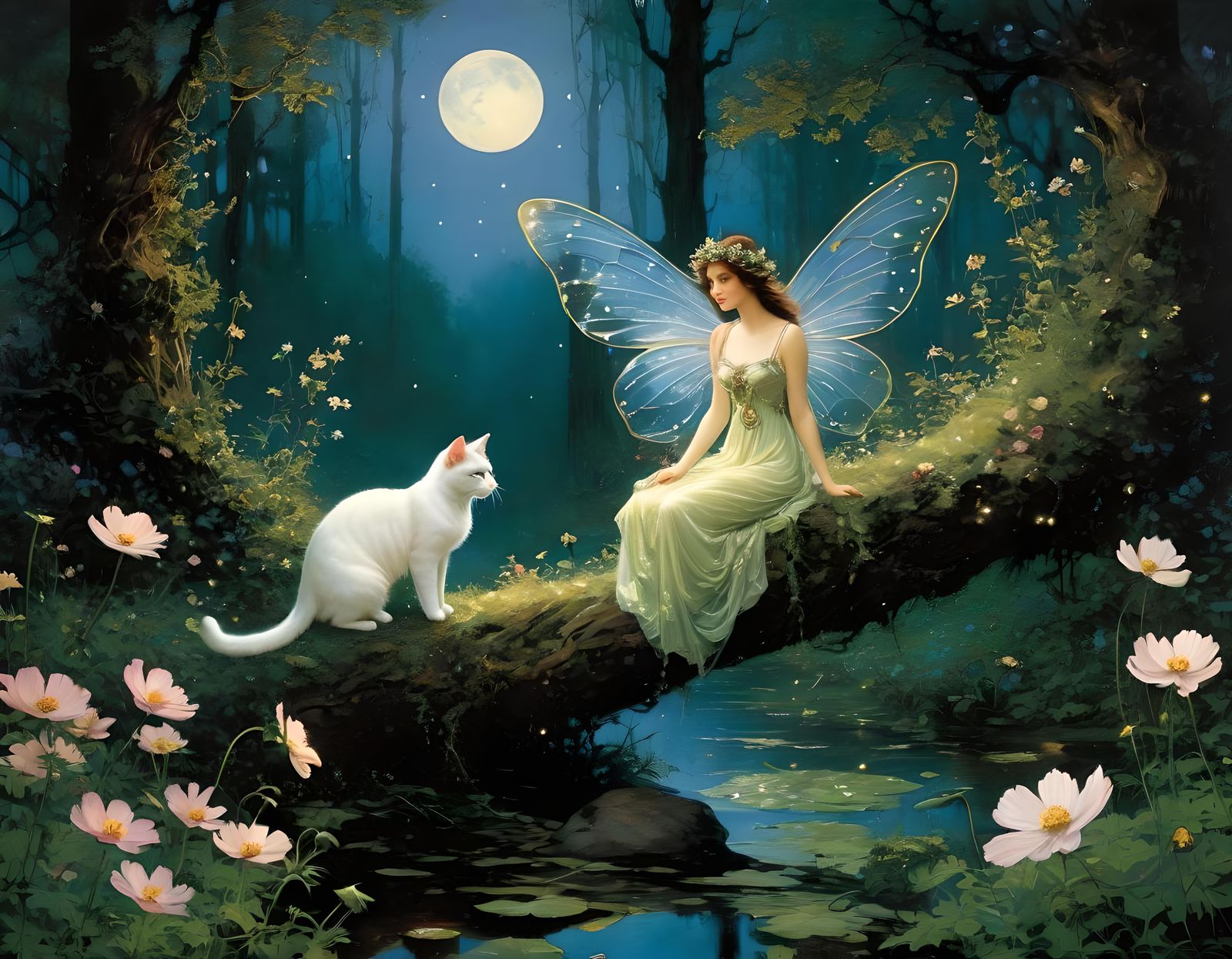 fantasy fairy, cosmos, cat, 🧚🏻‍♀️🌳☘️🌺 Arthur Rackhm, Bri...