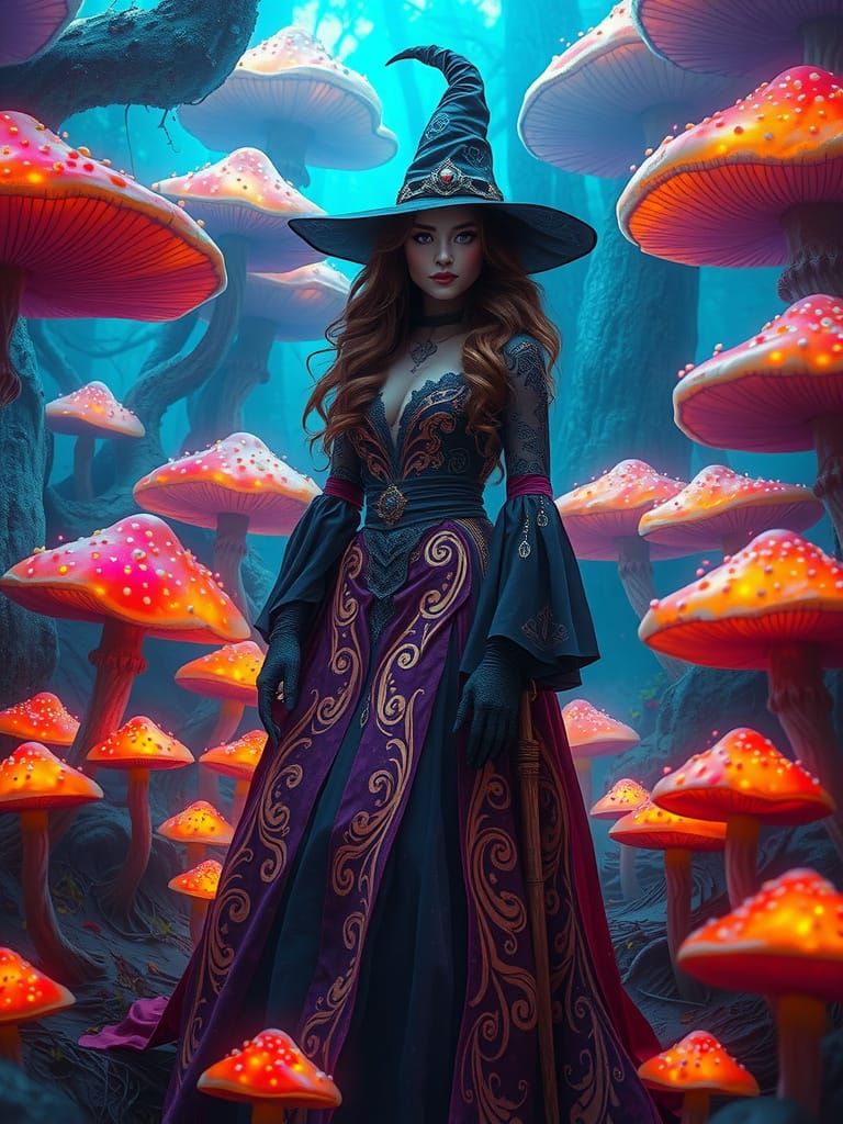 Enchanted Witch in Whimsical Fungal Realm