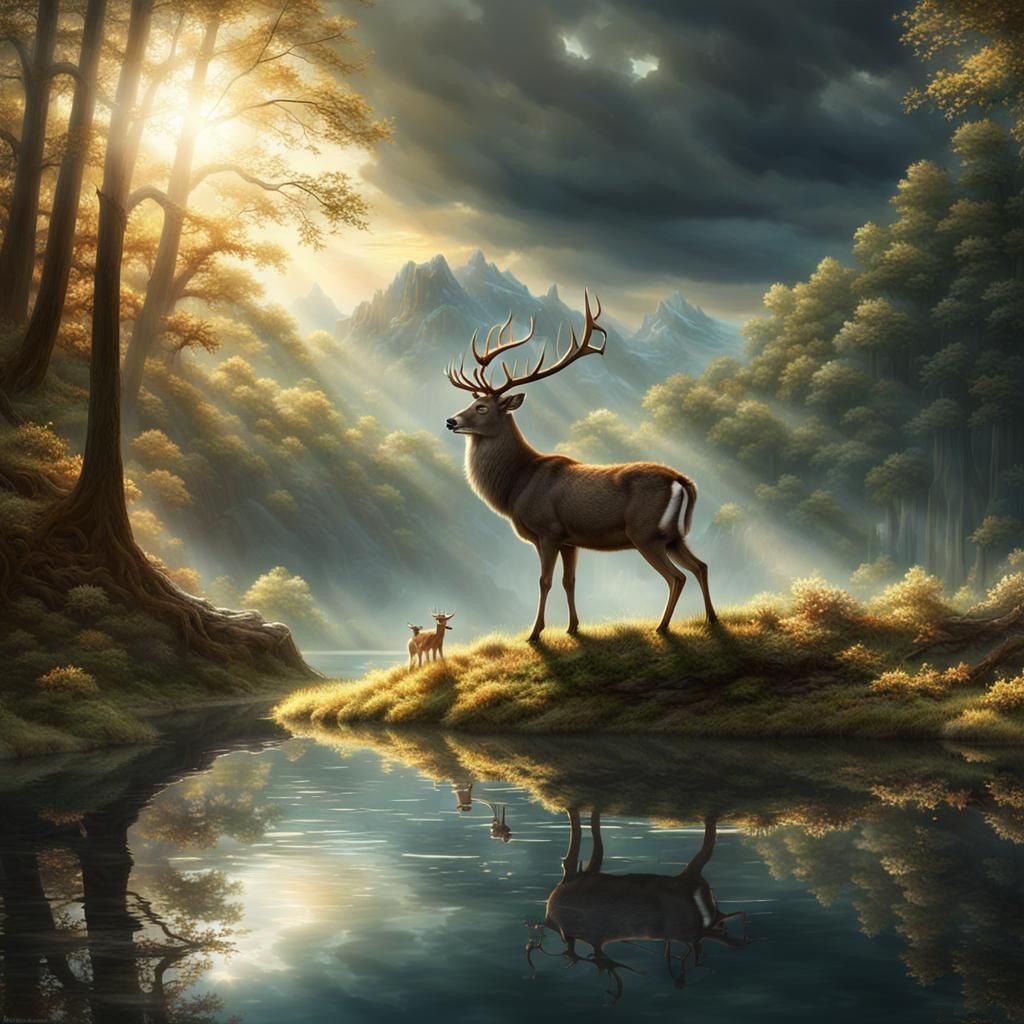 Dream Deer With Sword and Shield by Lake