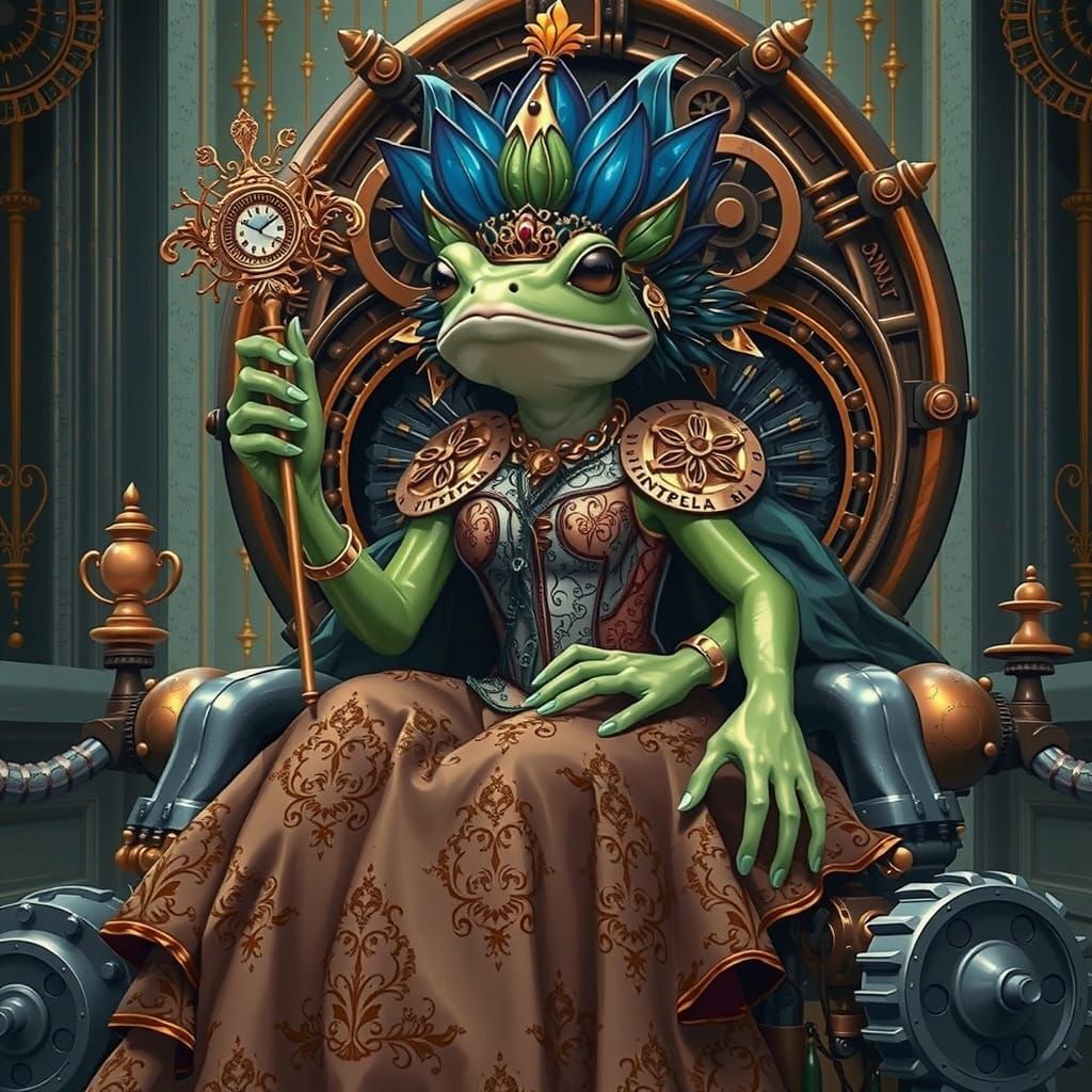 Regal Frog Goddess with Steampunk Engine