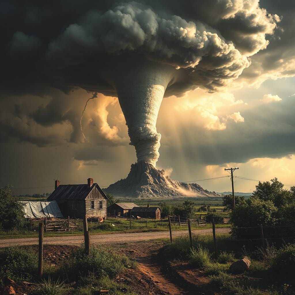 Village Under Siege by a Fierce Tornado in a Post-Apocalypti...