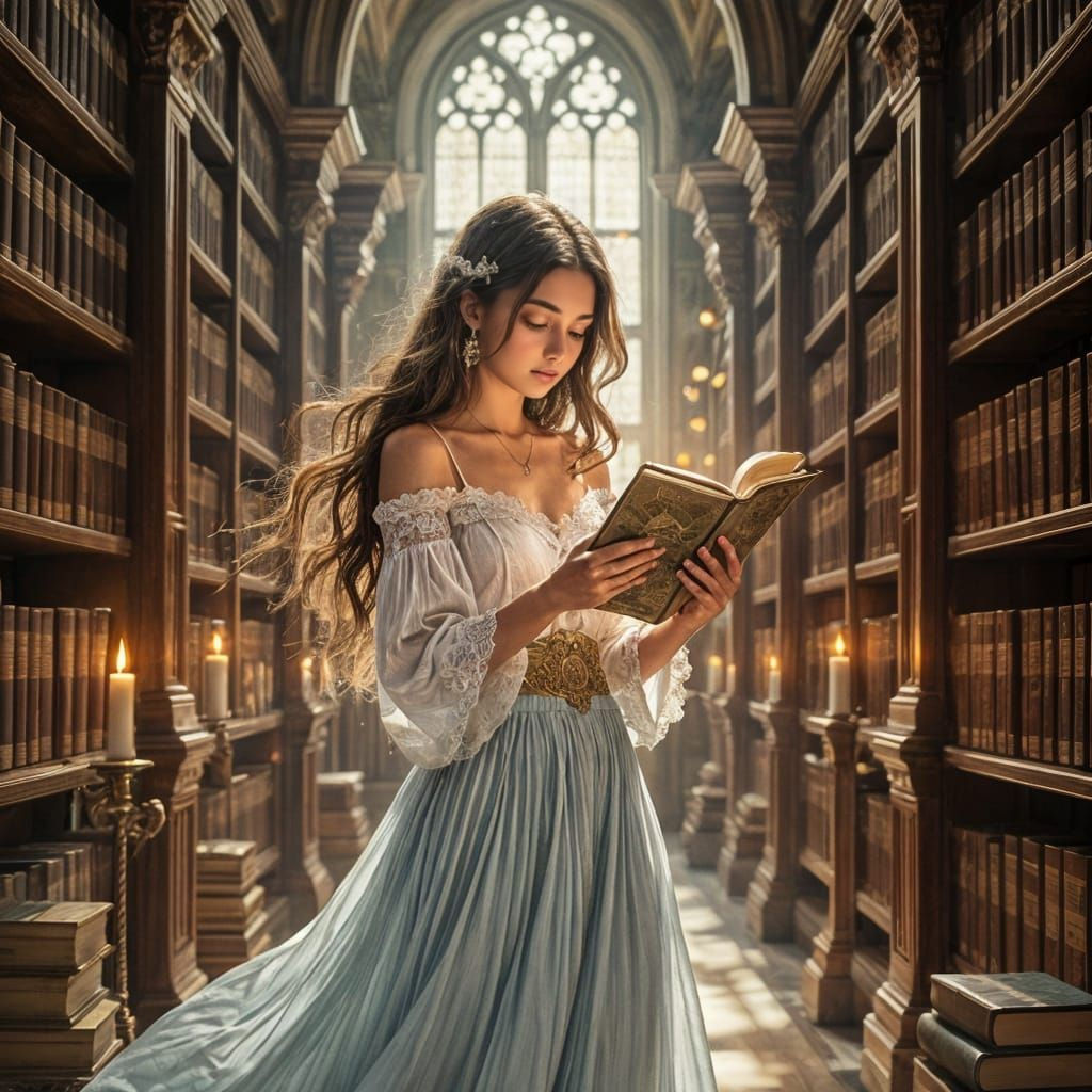 Enchanting Library Scene with Reader in Golden Light