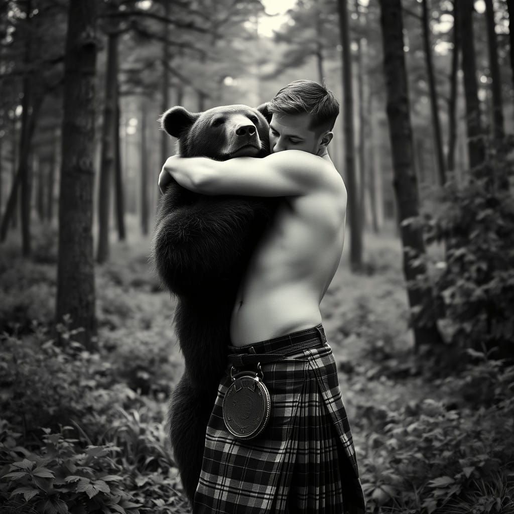 Shirtless Highland Warrior Hugs a Majestic Bear in Monochrom...
