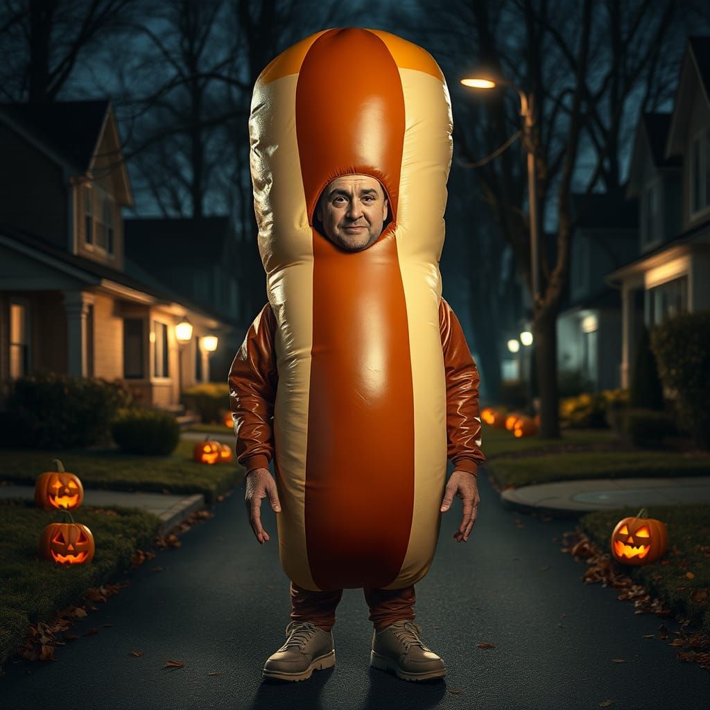 Hyperrealistic Man in Sausage Costume on Halloween
