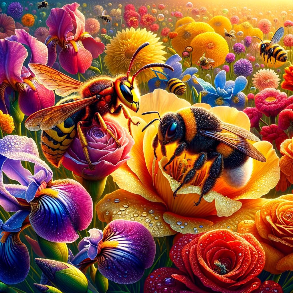 Hornet and Bumble Bee Admire Colorful Flowers
