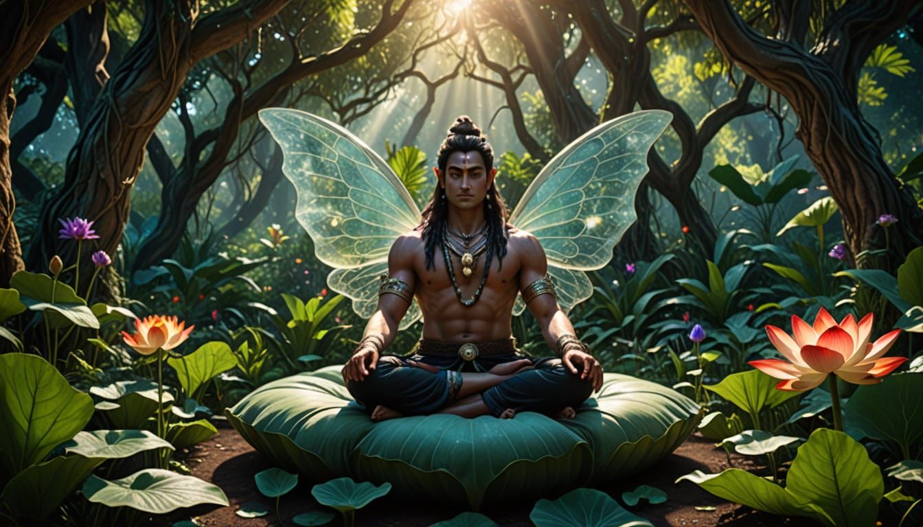 Shiva in Lotus Pose Amidst Vibrant Jungle with Fairies