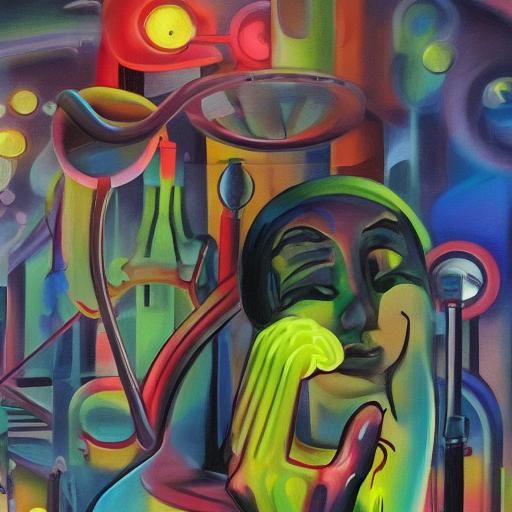 Intelligent Cat in Futuristic Workshop: Surreal Fauvism