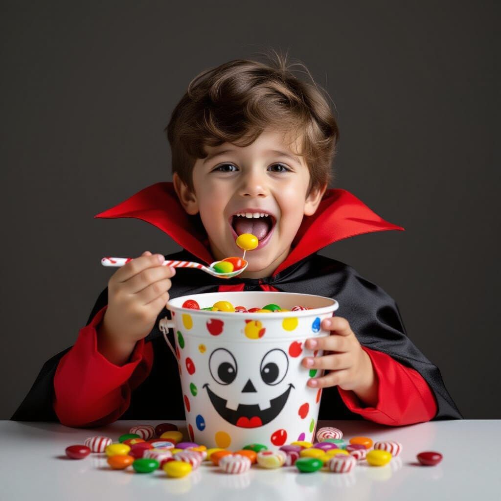Vampire Kid Enjoys Colorful Candy Bucket