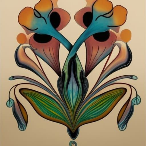 Philosophical Iris Flower Ink Blot in Art Brut Style