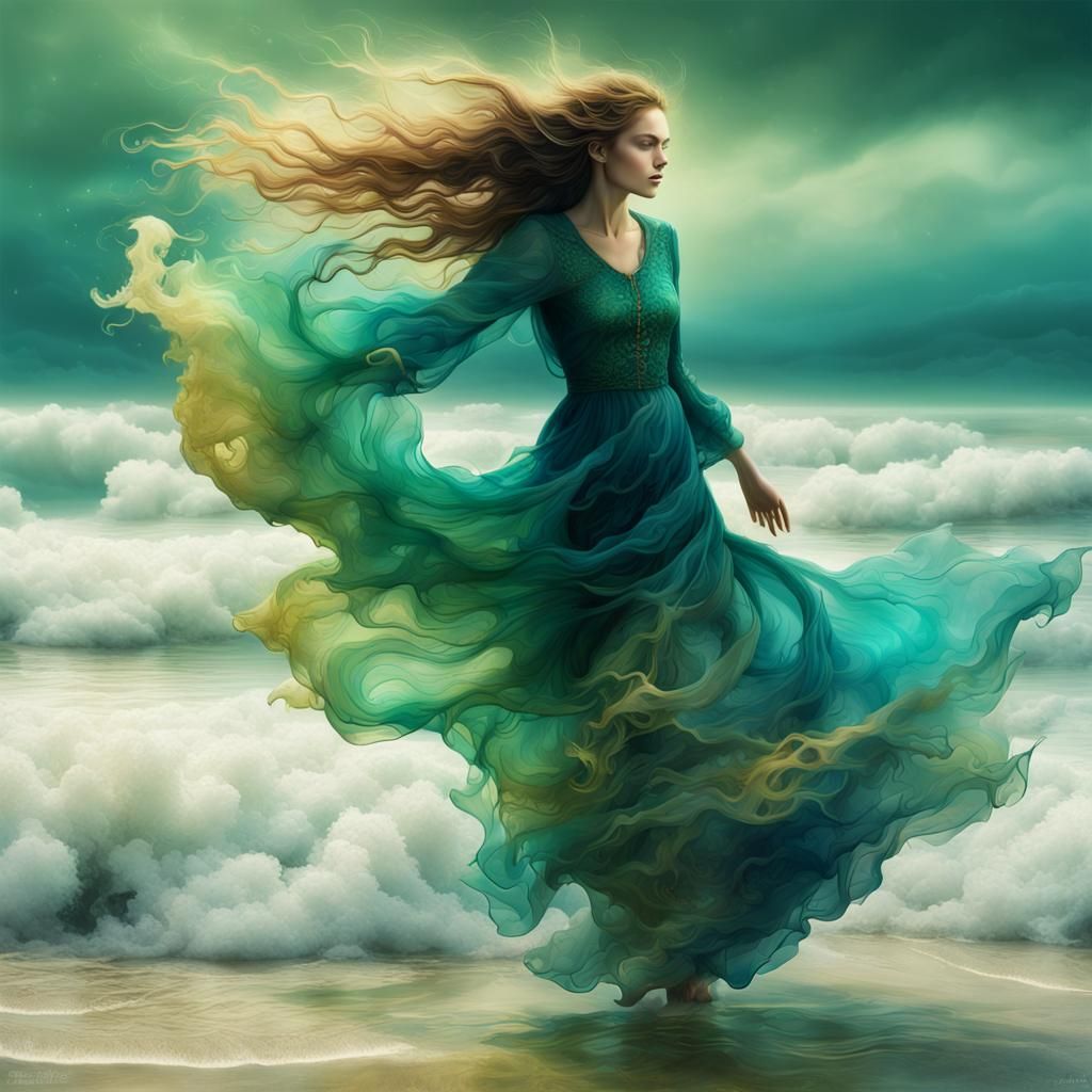 Ethereal Lady in Windswept Sea: A 3D Fractal Dream